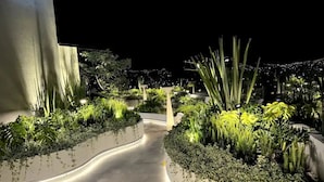 A nighttime outdoor pathway with a curved design, surrounded by lush greenery and illuminated by soft lighting. - Beautiful Studio República DelSalvador (Quito)