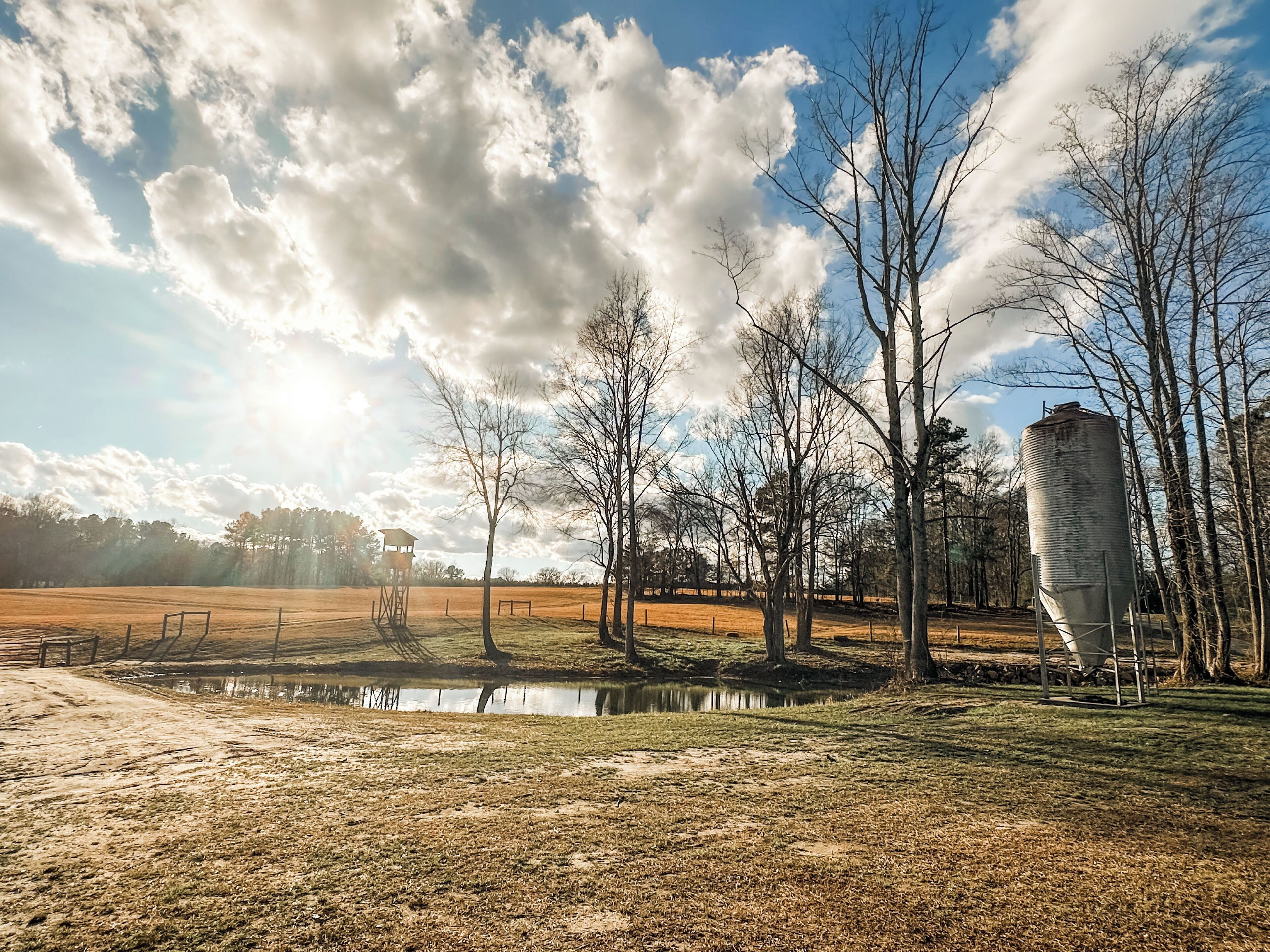 Un paysage rural avec un plan d’eau, des arbres et une tour à grain.