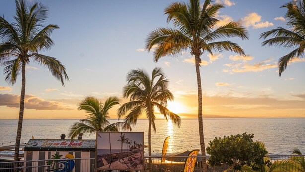 A beachfront view with palm trees and a sunset. - CHL El Faro, next to the Puerto Naos beach (Puerto Naos, Los Llanos de Aridane)