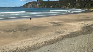 A beach with clear skies, waves, and rocky cliffs.