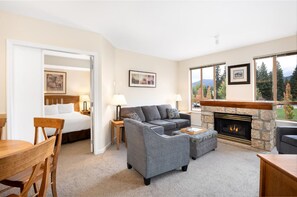 TV, fireplace - Central Village Mountain Retreat w/ Kitchen | Pool & Hot Tub (Whistler)