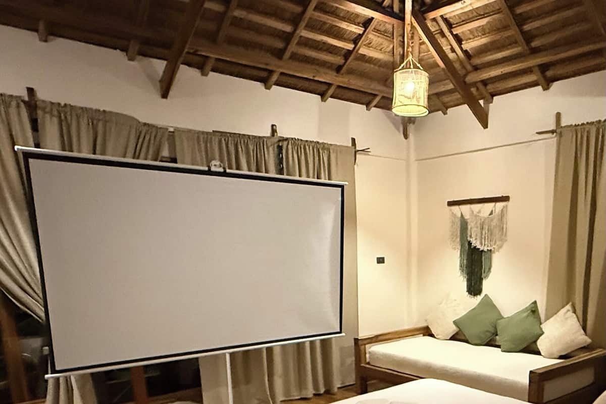 A bedroom with a large bed, a TV, a sofa, and a hanging light fixture.