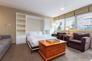 Ein Schlafzimmer mit einem Bett, einer Holzkommode, einem grauen Sofa, einem braunen Ledersofa und einem Fenster mit Blick auf Gebäude und Bäume.
