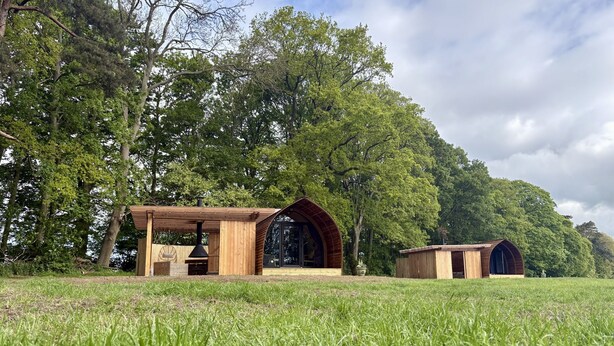 Een rustieke houten hut met een groot, rondbogig raam en een schoorsteen, gelegen in een begrazend grasveld omringd door dichte bomen.