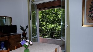 Ein Zimmer mit Tisch, Stuhl, Fernseher, einer Vase mit Blumen und einem Fenster mit Blick auf Bäume.