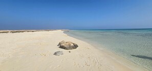 A beach with clear turquoise water, a sandy shore, and a large rock in the center.