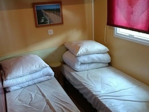 A small, single-room with two beds, a window with a red curtain, and a wall-mounted picture. - Mobile home with terrace - 2 guests (Thiviers)