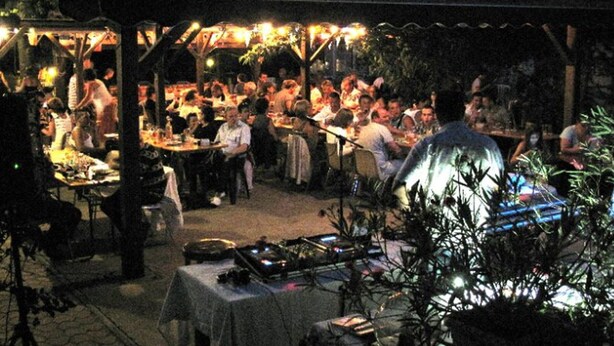 An outdoor dining area with tables and chairs, surrounded by plants and trees.