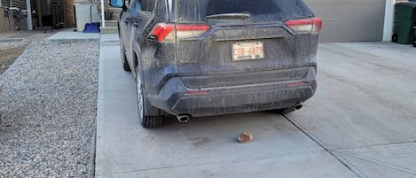 Una entrada de casa con un SUV estacionado.