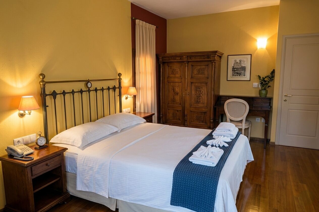 Una cama bien tendida con sábanas blancas, una mesita de noche de madera con una lámpara, un armario de madera y una silla con una mesa junto a la cama.