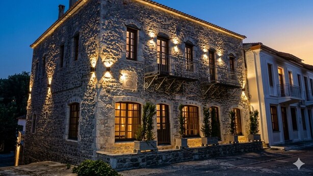 Un edificio de piedra con múltiples ventanas y balcones, con la leyenda "The Archway Lodge".