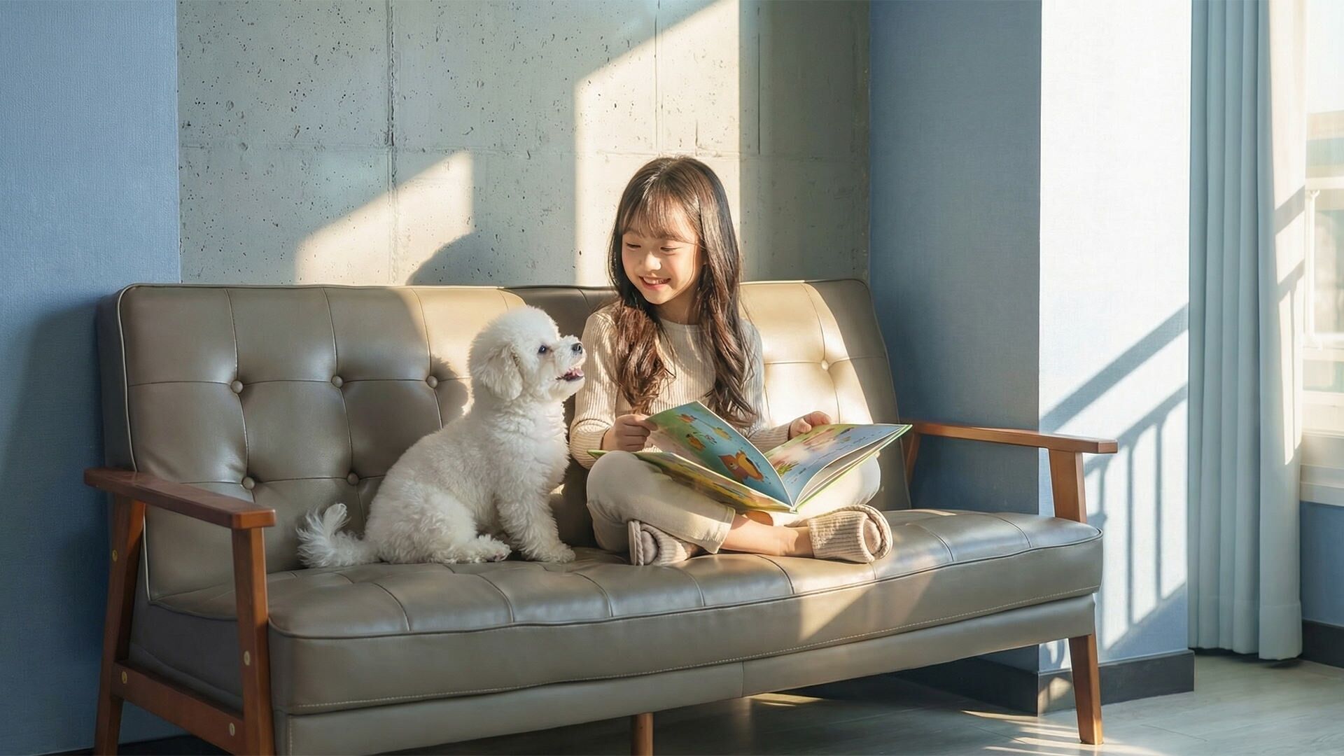 A person sitting on a sofa with a dog, reading a book.