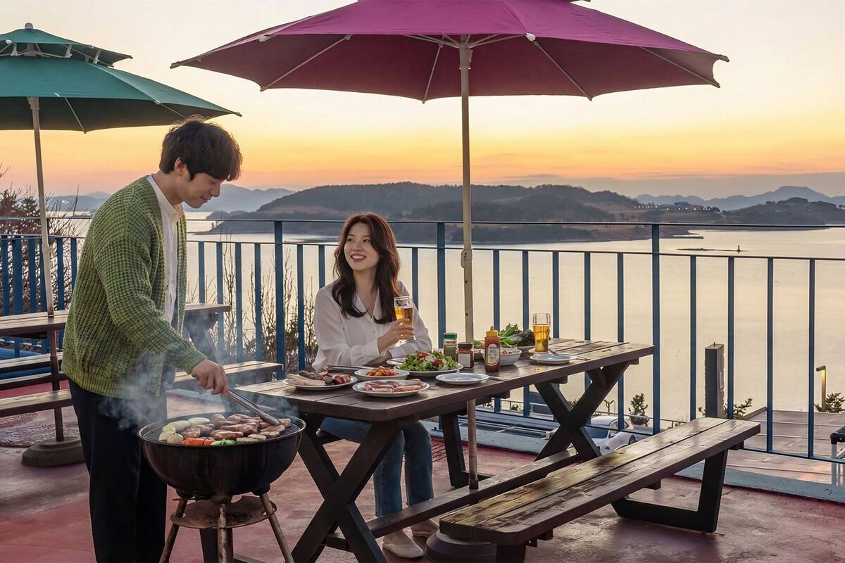A couple dining outdoors with a view of a body of water and mountains at sunset.