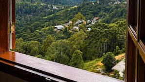 A window with a view of a forested landscape and a few buildings. - Pousada Chateau Elegance (Campos do Jordão)