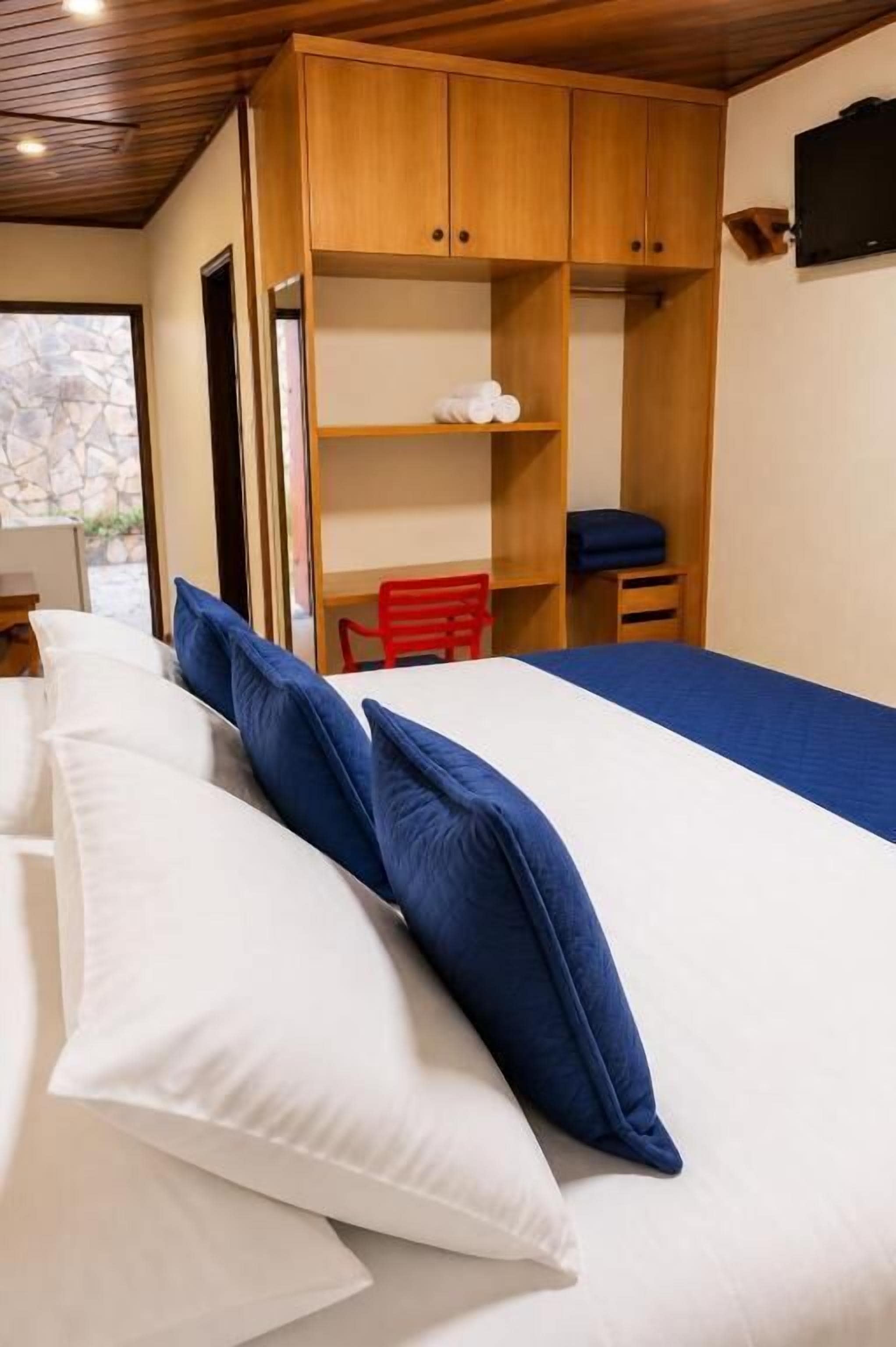 A bedroom with a bed, pillows, a wooden wardrobe, a chair, and a television.