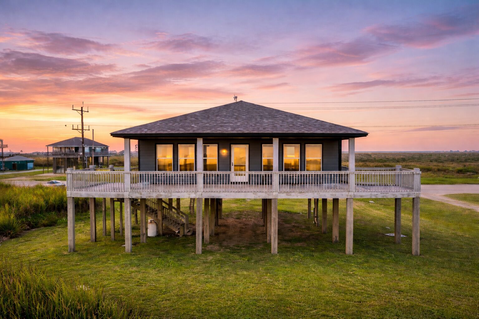 Una estructura de madera con balcón, elevada sobre pilotes, con vista al horizonte.