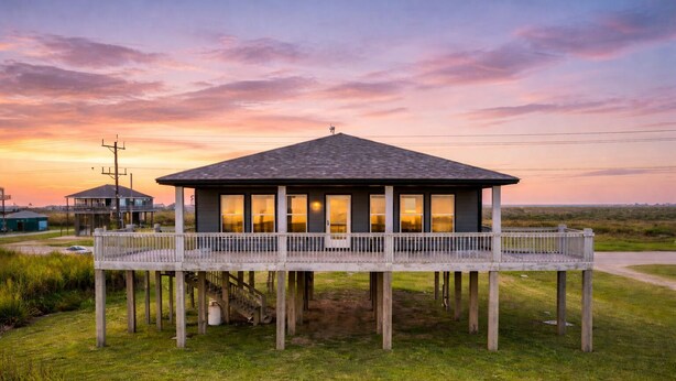 A wooden structure with a balcony, elevated on stilts, with a view of the horizon.