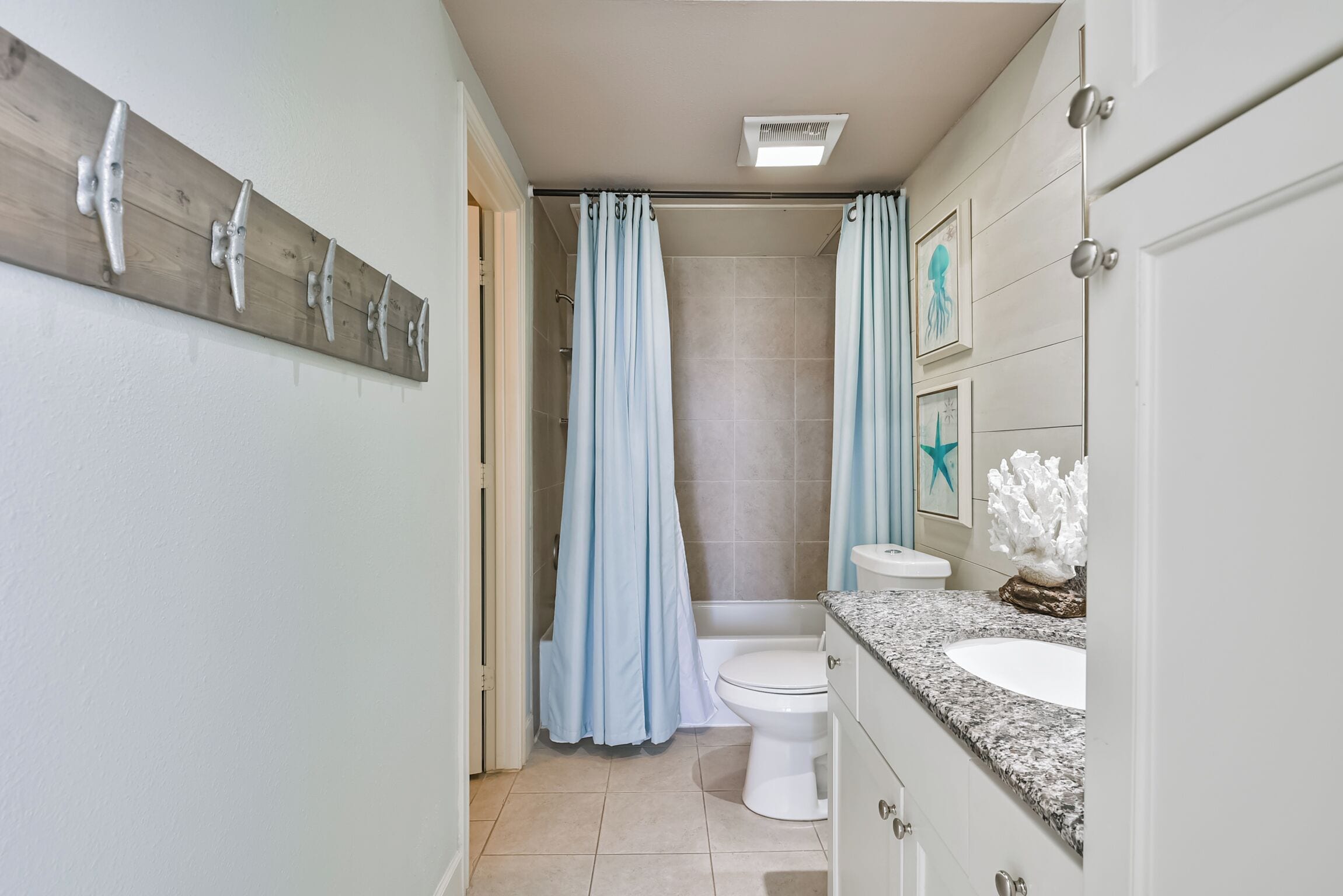 Hair dryer, towels, soap, toilet paper