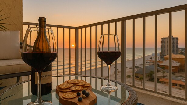 Un balcón con una mesa de vidrio, dos copas de vino, una botella de vino y una tabla de madera con galletas y arándanos.