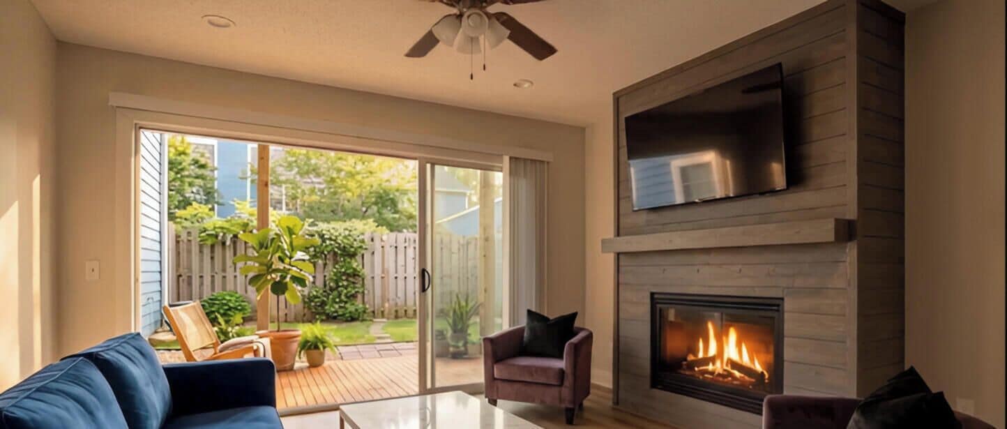 A living room with a fireplace, a TV mounted above it, and a sliding glass door leading to a patio with outdoor furniture.