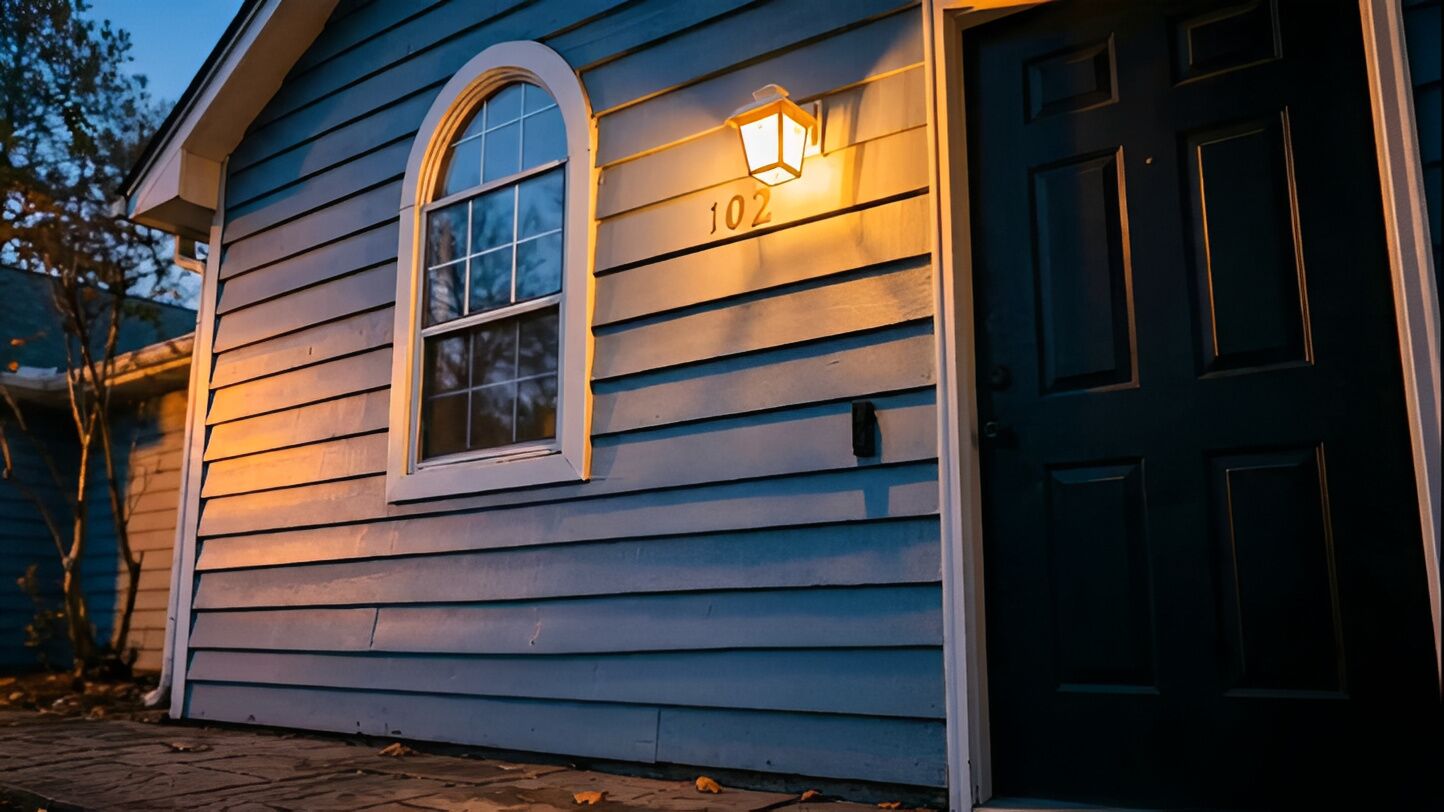 A house with a garage door, a window with a white frame, and a number '102' sign.