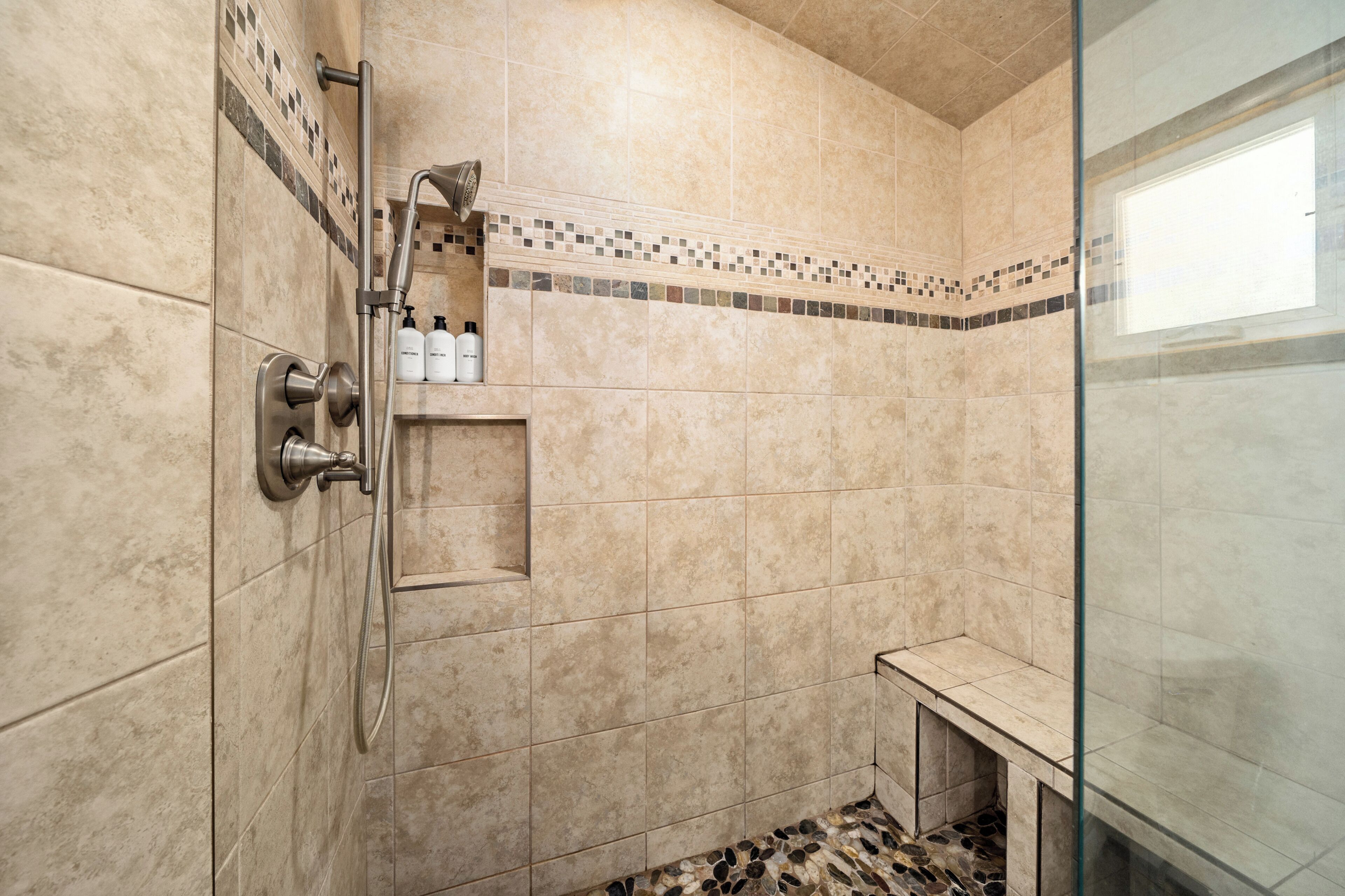 Hair dryer, towels, soap, toilet paper