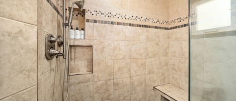 Hair dryer, towels, soap, toilet paper