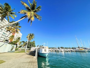 Un port de plaisance avec des bateaux amarrés, des palmiers et un bâtiment blanc doté de balcons.