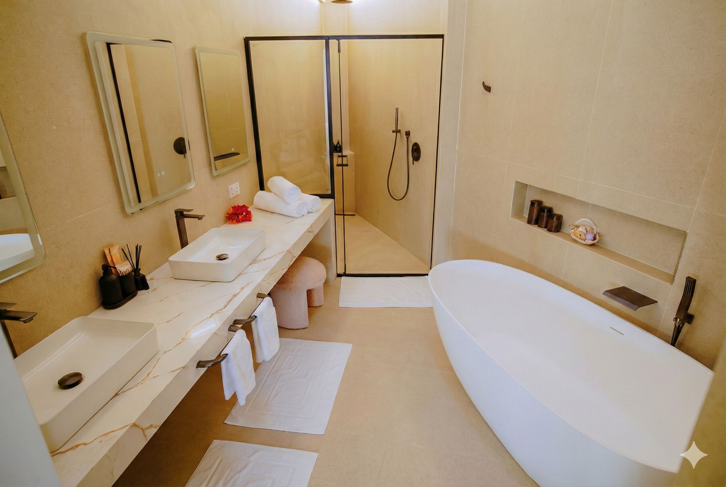 Een moderne badkamer met een ruime badkuip, twee wastafels, een douche en een wastafelmeubel met een spiegel.