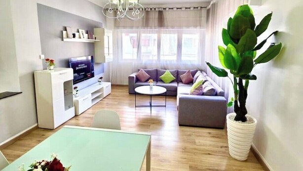 A modern living room with a sofa, a coffee table, a TV, and a potted plant. - AR Apparts (city center -Wifi 100 Mb) (Fès)