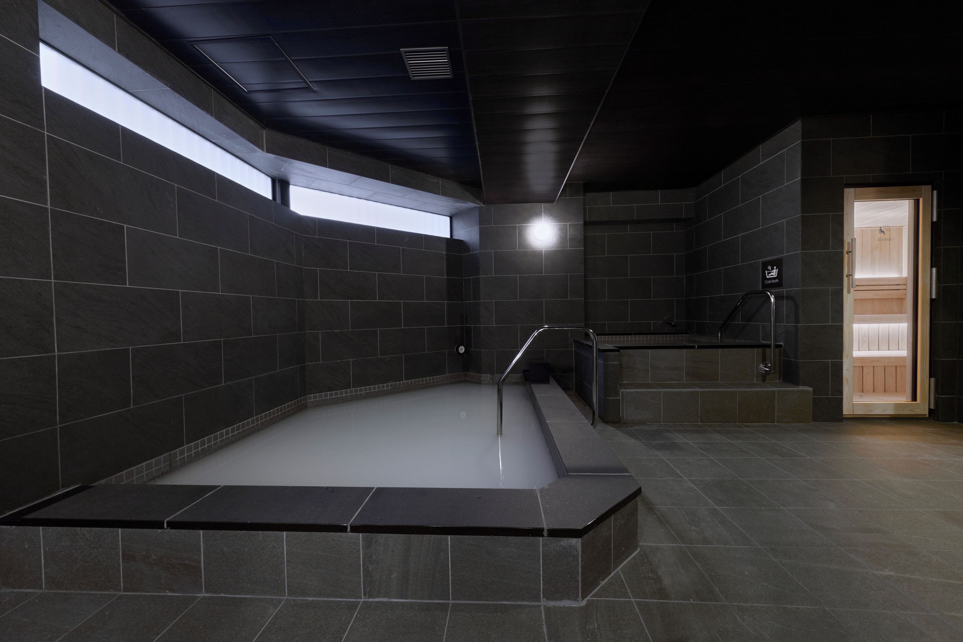 Un área de spa moderna con una bañera de hidromasaje rectangular, paredes de azulejos oscuros y un tragaluz.