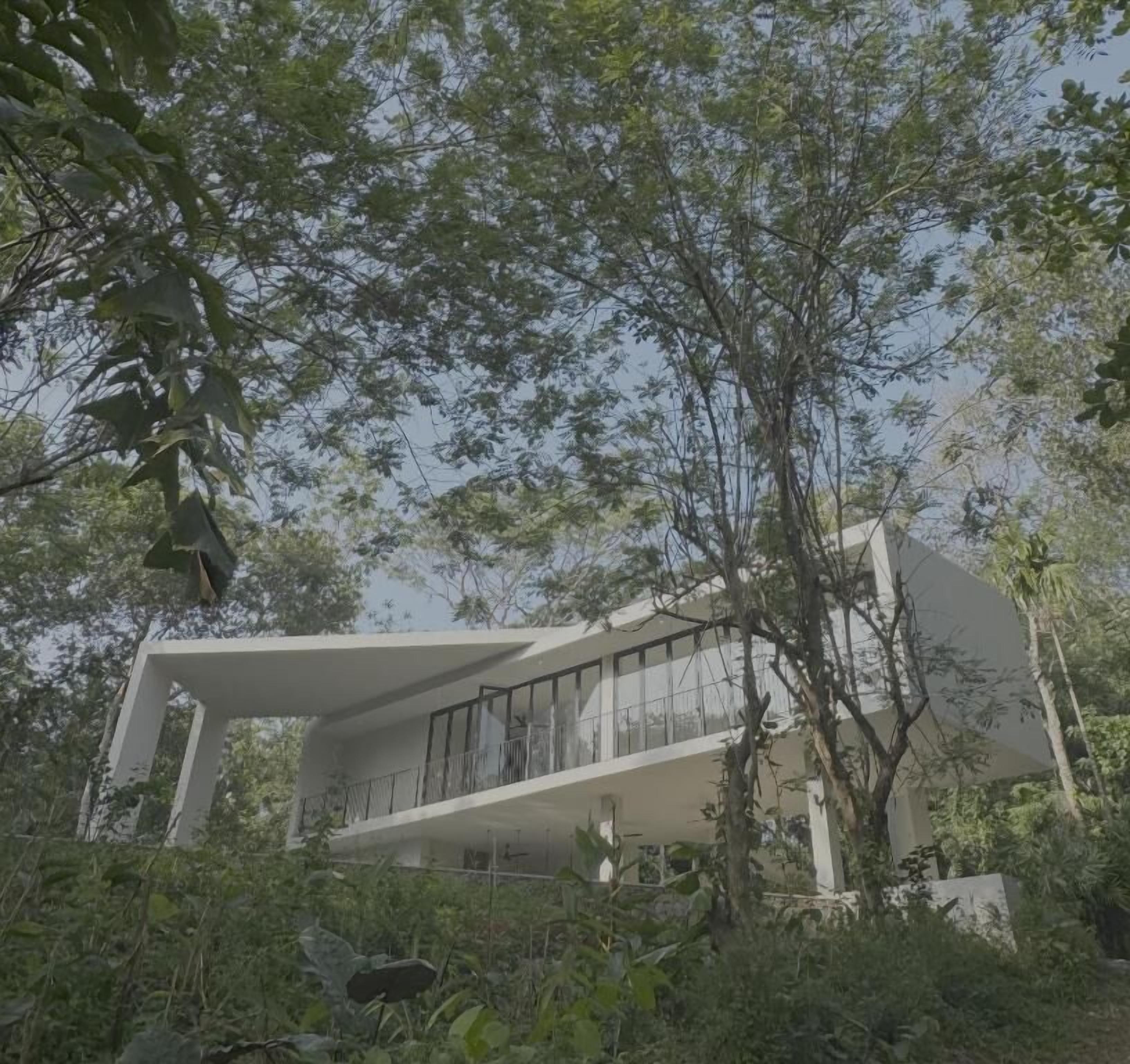 A modern building with a flat roof and large windows, surrounded by dense greenery.