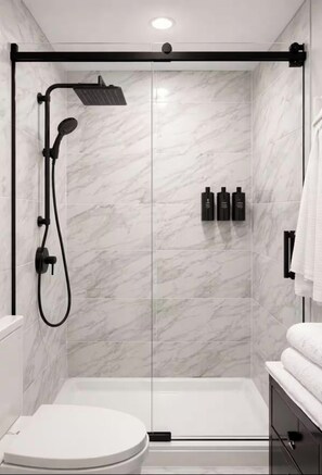 Regadera, tina de hidromasaje, secadora de cabello, bidet