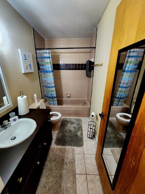 Ein Badezimmer mit Badewanne, zwei Toiletten, einem Waschbecken, einem Spiegel und einer Duschvorhang.
