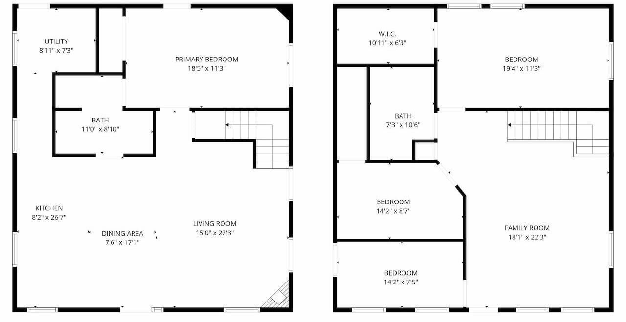 Ein Grundriss eines Hauses mit Hauswirtschaftsraum, Hauptschlafzimmer, Bad, Küche, Essbereich, Wohnzimmer und zwei Schlafzimmern.