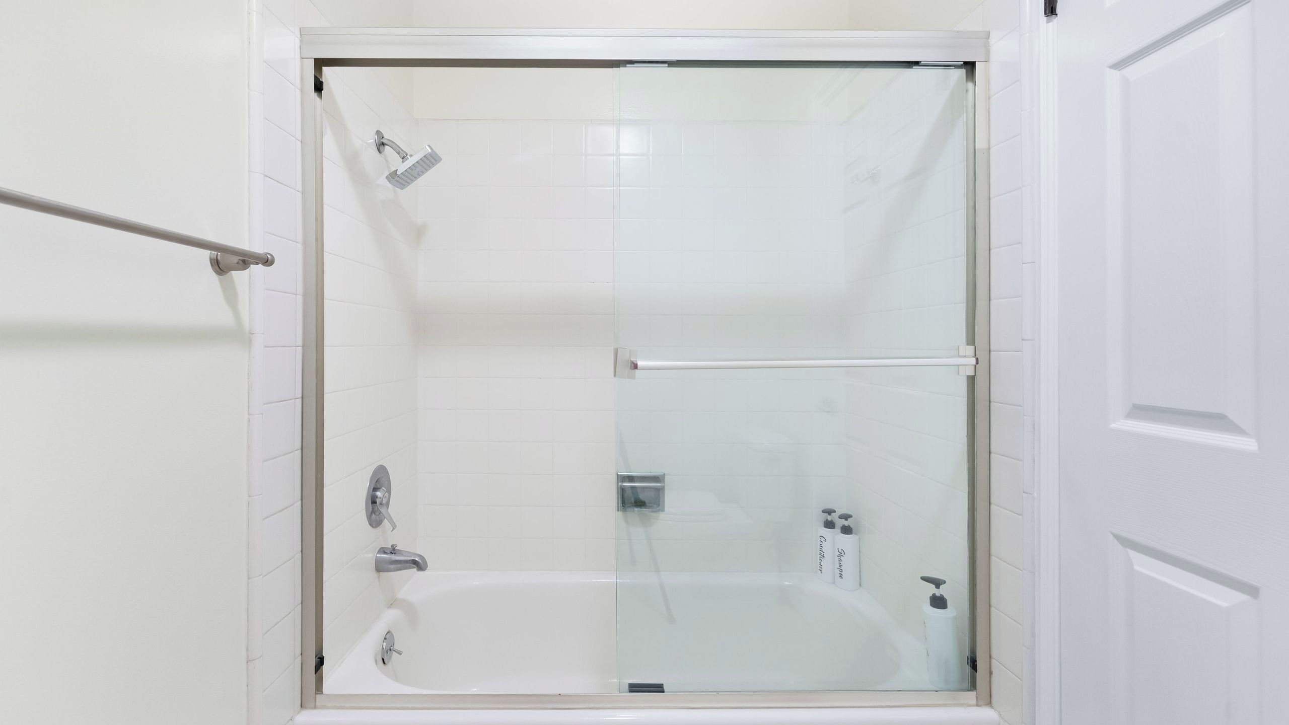 Una ducha a nivel con puerta de cristal, una bañera blanca y un barandal.