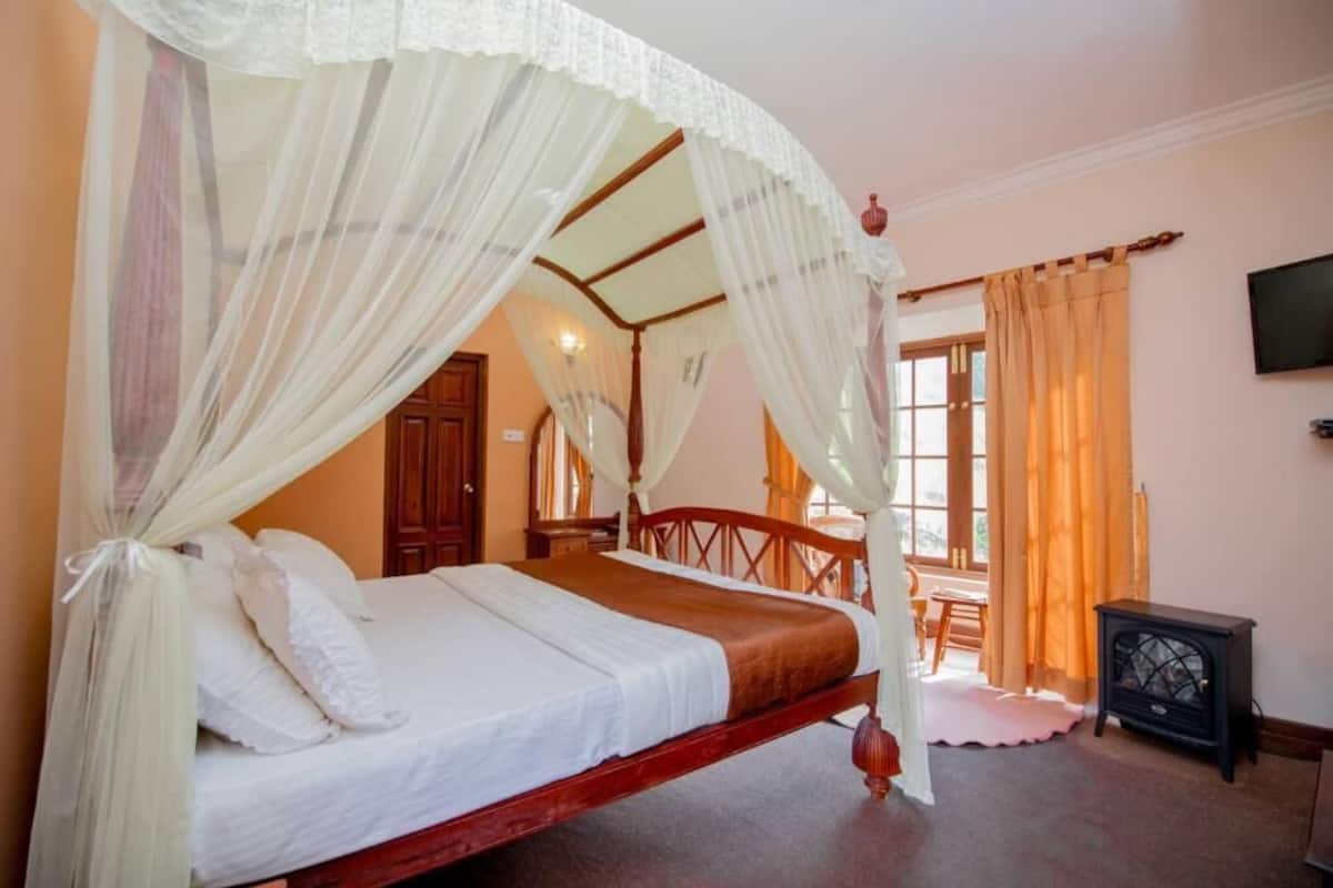 Ein Bett mit Baldachin, ein Holzstuhl, ein kleiner Tisch und ein Fernseher an der Wand.