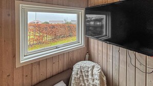 Huoneessa on ikkuna, josta avautuu näkymä puutarhaan, seinät ovat puuta, siellä on patteri ja musta televisio, joka on kiinnitetty seinään.