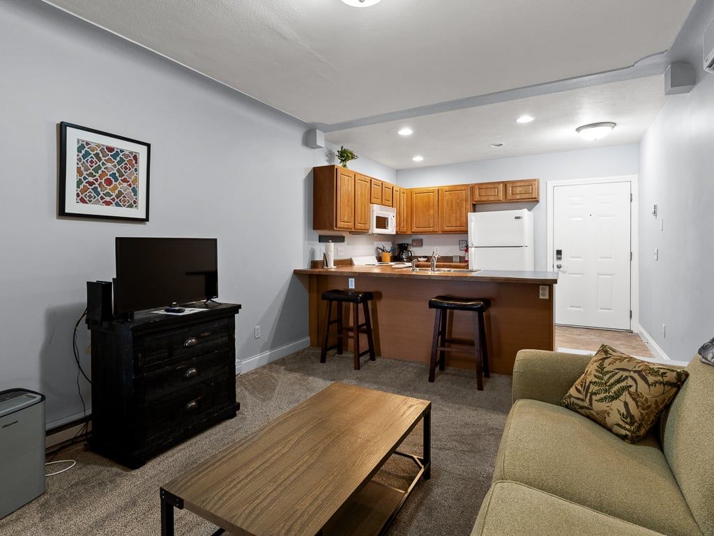 A compact living space with a kitchenette, a sofa, a coffee table, and a television.