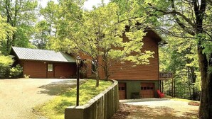 A cabin with a metal roof, surrounded by trees and a gravel driveway. - Wandering Bear Lodge: Free Tickets /Hot Tub/ Wifi /pool table (Sevierville)