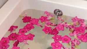 A bathtub filled with water and pink flowers, with two glasses of red and blue drinks on the edge. - HOTEL ABHIJIT (Uluberiya)