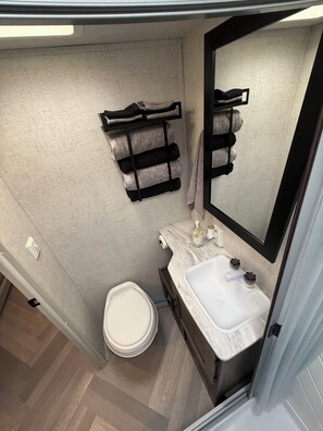 Bathroom - fully set up camper, located at Homestead RV Community resort (Theodore)