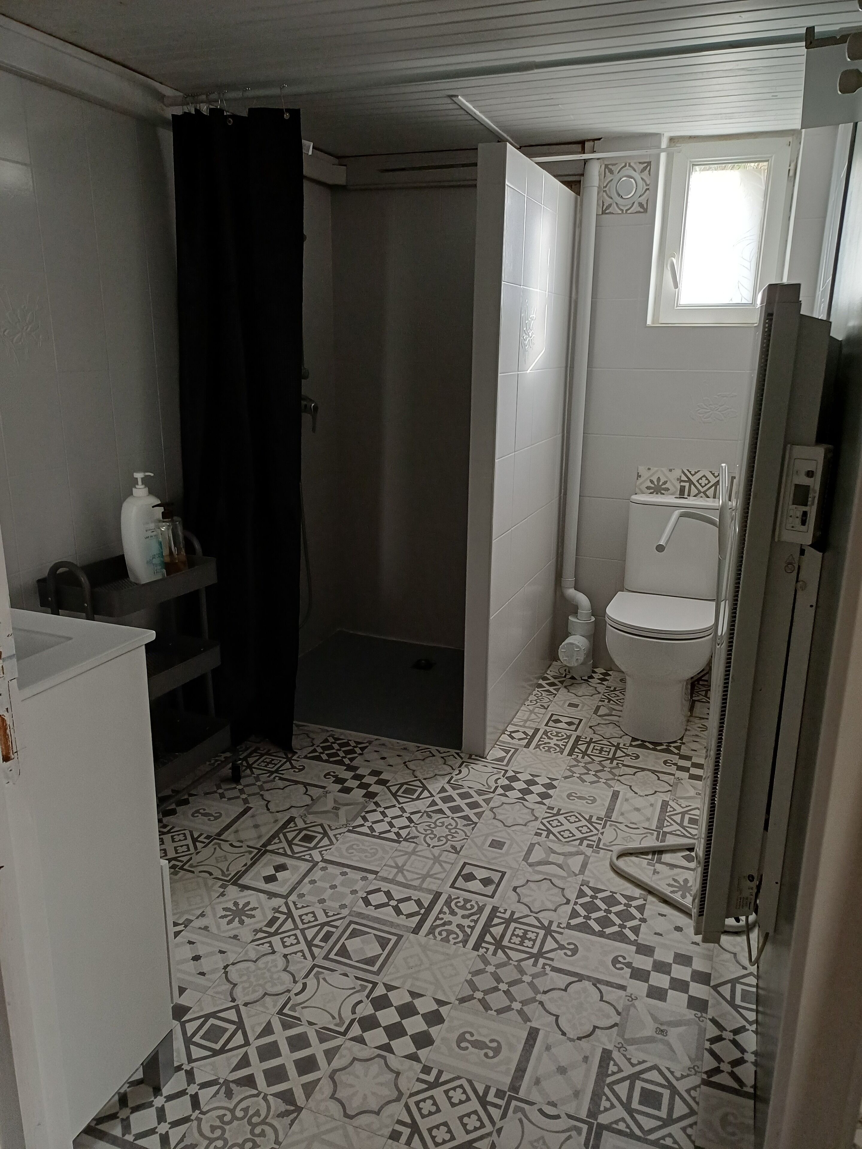 Un baño con ducha, inodoro y baldosas de suelo estampadas.