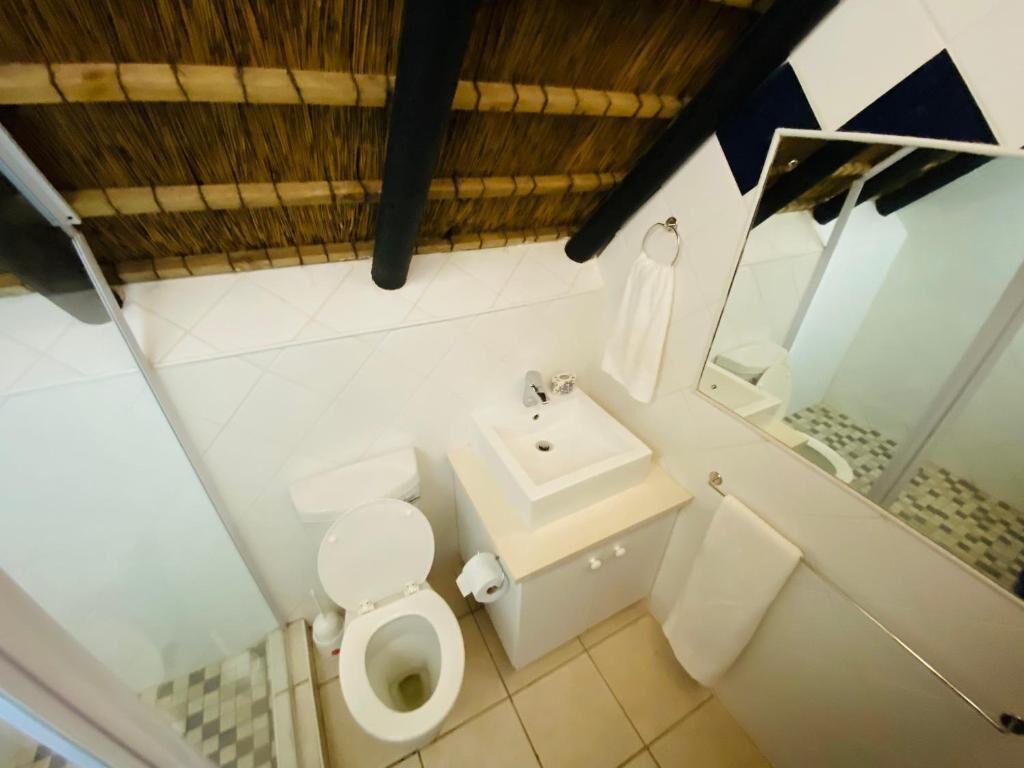 Een kleine badkamer met toilet, wastafel en spiegel.