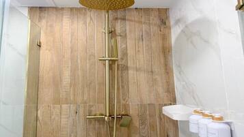 Douche, séchoir à cheveux, serviettes fournies, savon