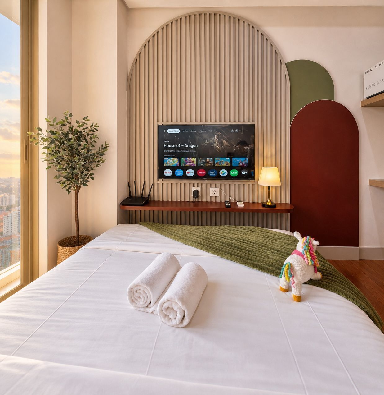 Une chambre d’hôtel avec un lit, un téléviseur fixé au mur, une plante et un jouet en peluche.
