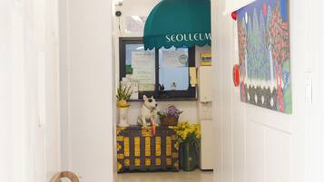 A reception area with a wooden bench, a reception desk, a green awning, and a wall-mounted painting.
