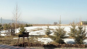 Un paysage enneigé avec quelques petits arbres et un support métallique au premier plan.
