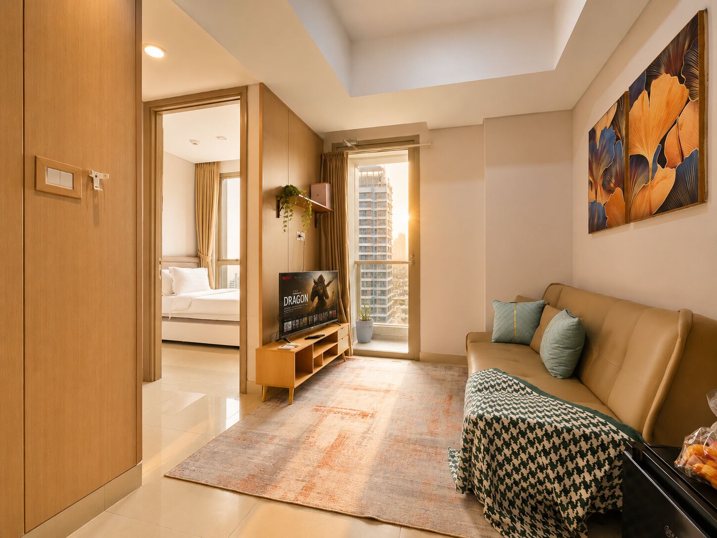 Apartment, 2 Schlafzimmer, Stadtblick | Wohnbereich | 43-Zoll-Smart-TV mit Kabelempfang