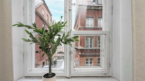 Een potplante op een vensterbank met uitzicht op gebouwen van rode baksteen en een parkeerverbod.